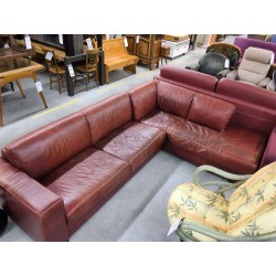 CANAPE D\'ANGLE 3P CUIR ROUGE EN L\'ETAT