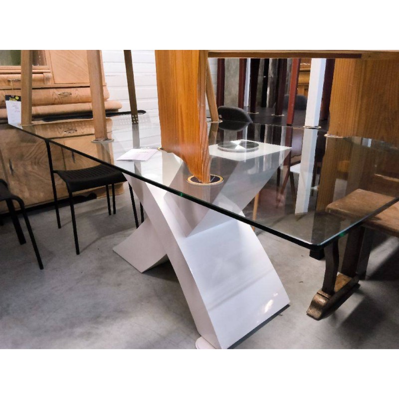 TABLE PLATEAU VERRE PIED LAQUE BLANC