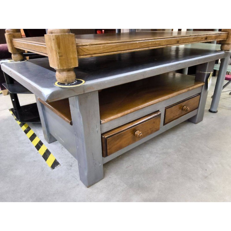 TABLE BASSE CHENE MASSIF 2T RELOOKE ARGENTEE