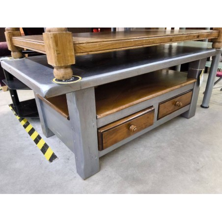 TABLE BASSE CHENE MASSIF 2T RELOOKE ARGENTEE